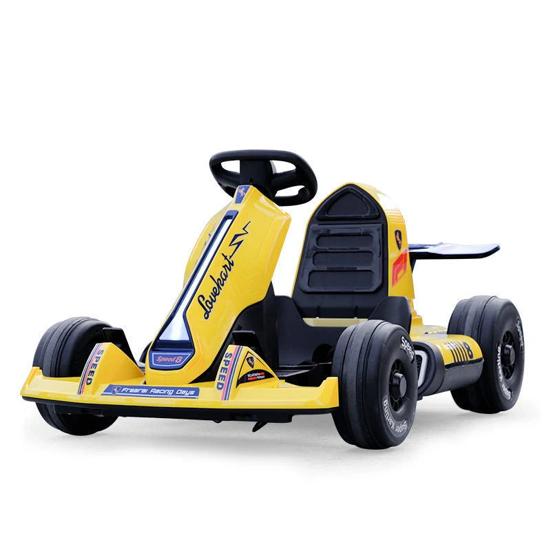 Yellow children's go-kart with black seat on a white background