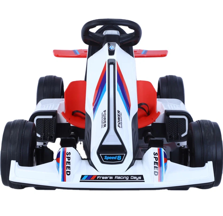 Toy go-kart with red and blue accents on a white background