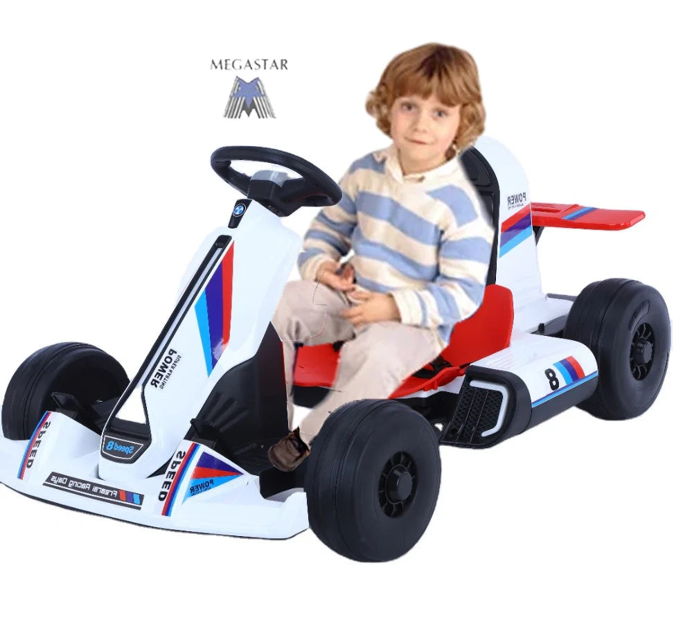 Child sitting in a toy go-kart with Megastar branding on a white background