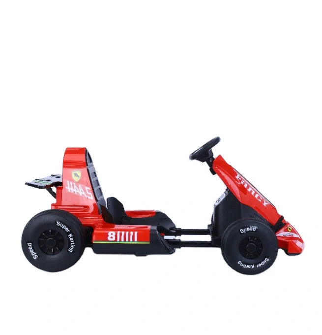 Red toy go-kart with black accents on a white background