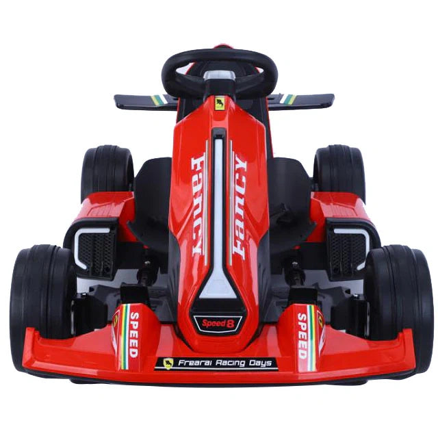 Red toy racing car with 'Fancy' branding on a white background