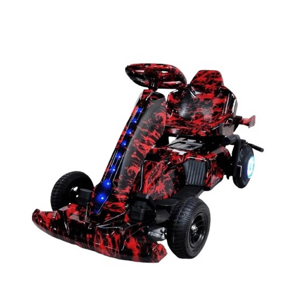 Children's toy go-kart with red and black design on a white background
