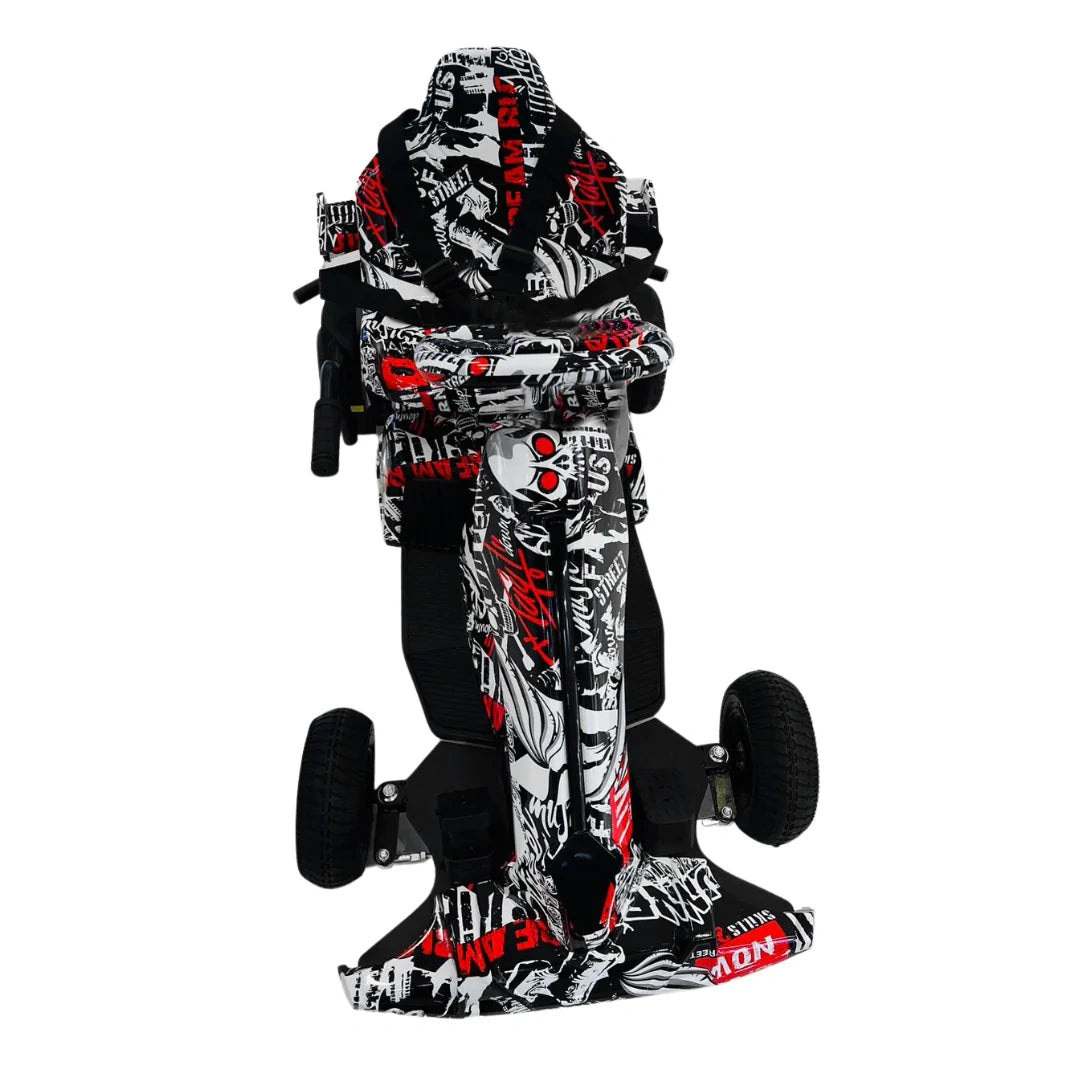 Black and red patterned hoverboard with a backpack on a white background