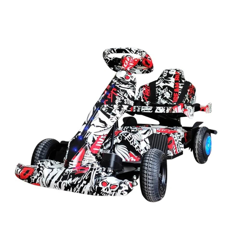 Colorful toy go-kart with a black and white design on a white background