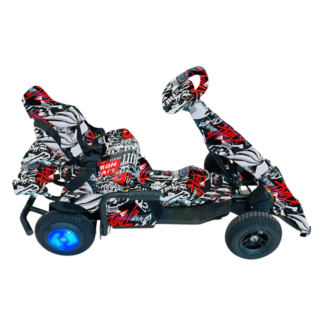 Children's go-kart with a black and red design on a white background