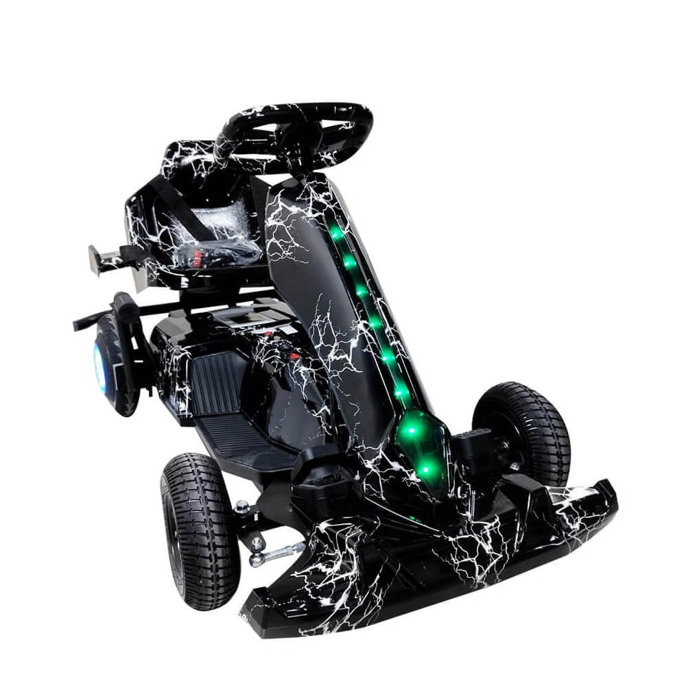 Black and white marble-patterned vehicle with green lights on a white background