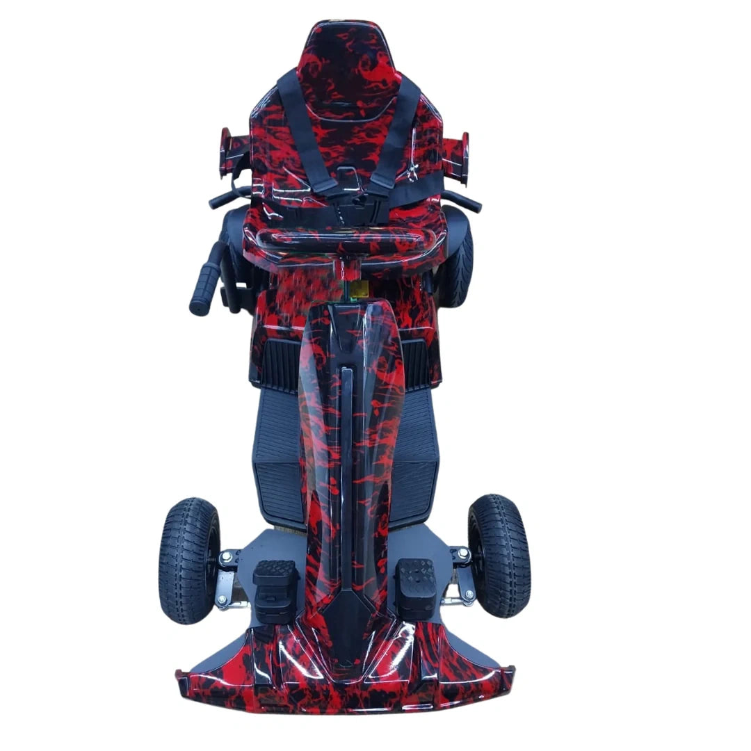 Red and black power wheelchair with a clear base on a white background