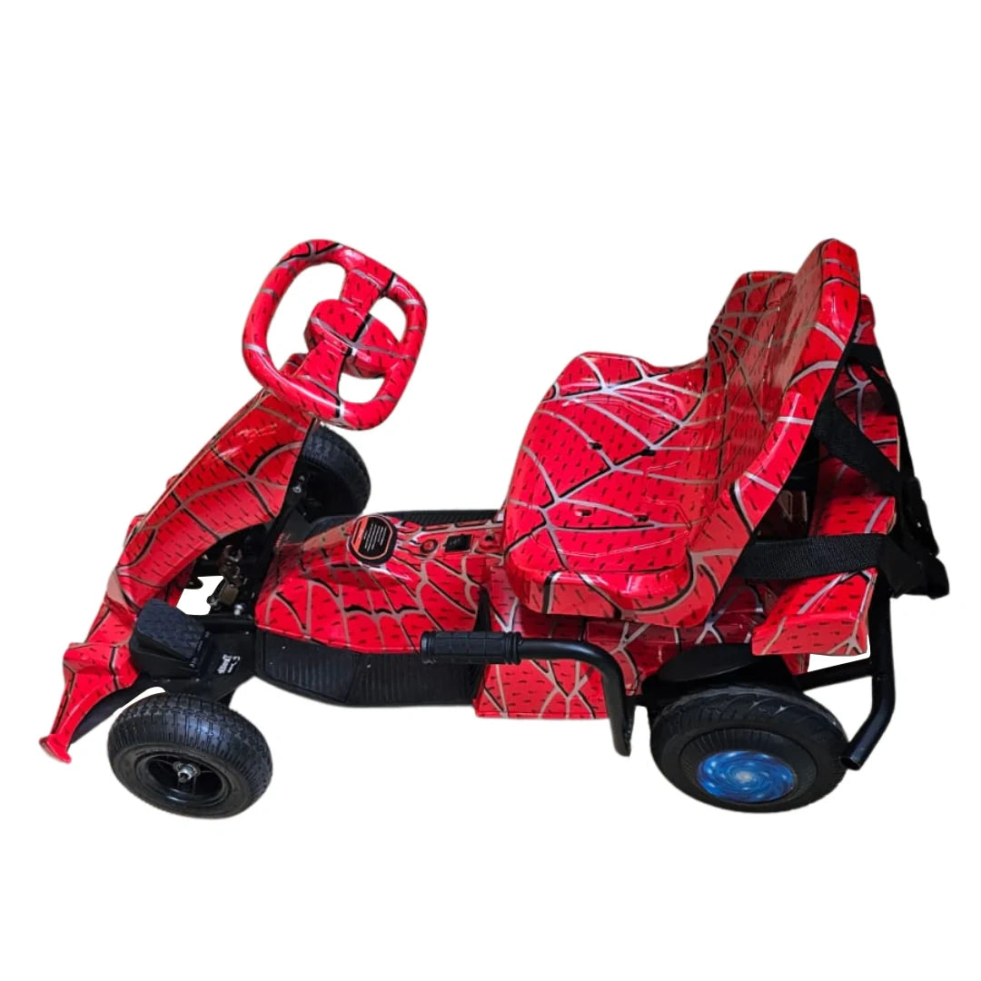 Red toy car with spider web pattern on a white background