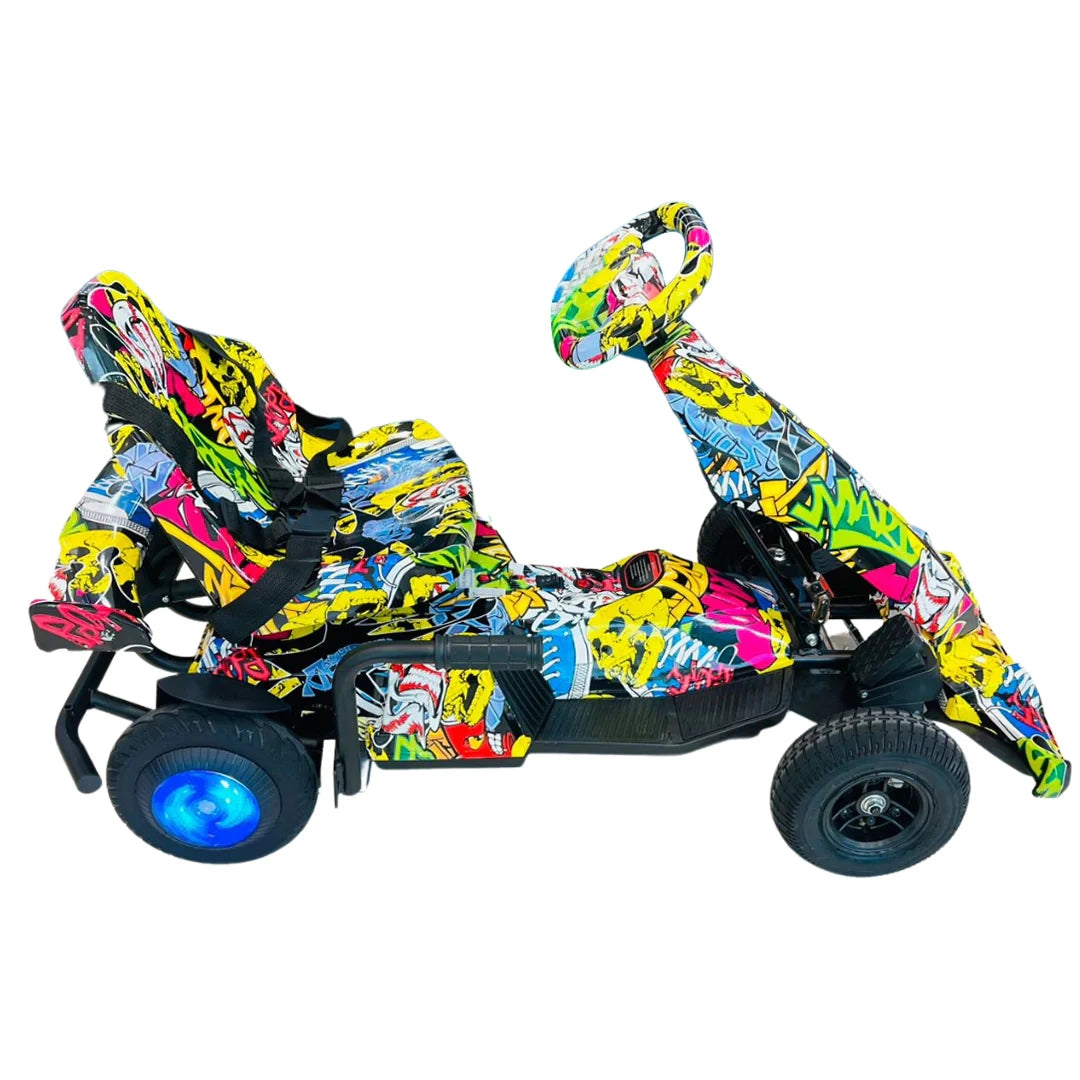 Colorful children's ride-on toy with a patterned design on a white background