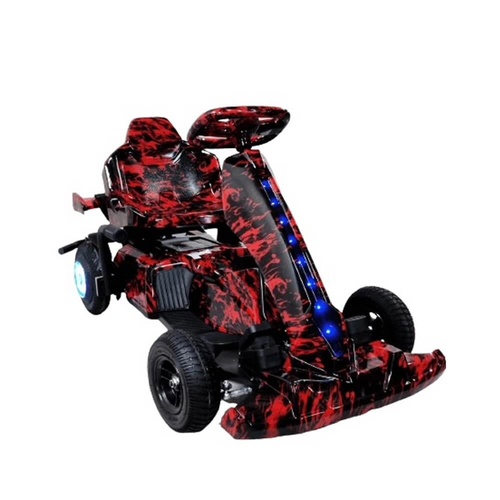 Red and black toy car with LED lights on a white background