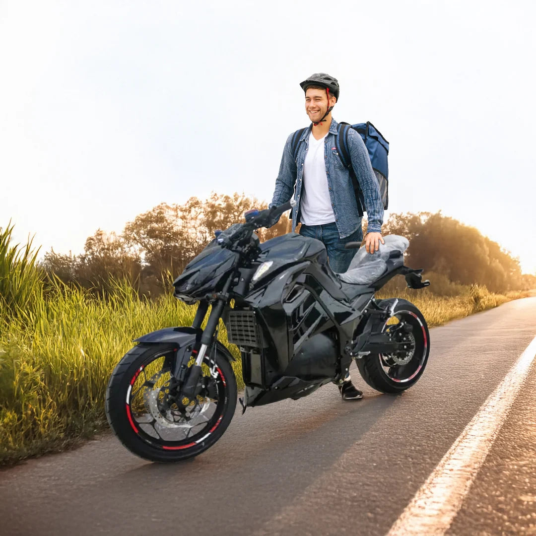 Man with a backpack standing next to a futuristic motorcycle on a road with trees in the background