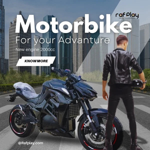 Motorcycle with a person in a leather jacket standing next to it, cityscape in the background