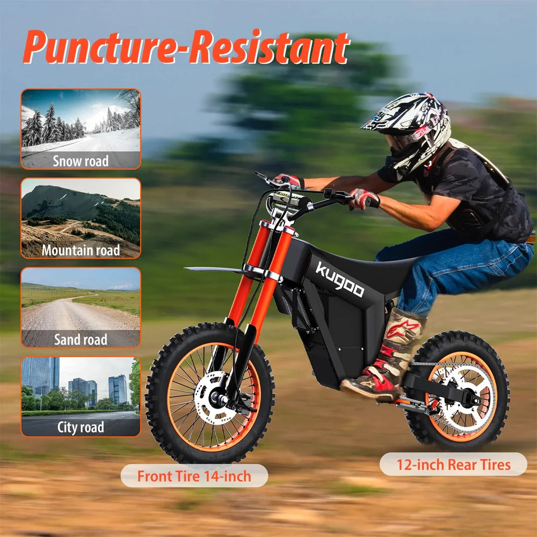 Person riding a Kugoo electric bike on a blurred background with road types shown.