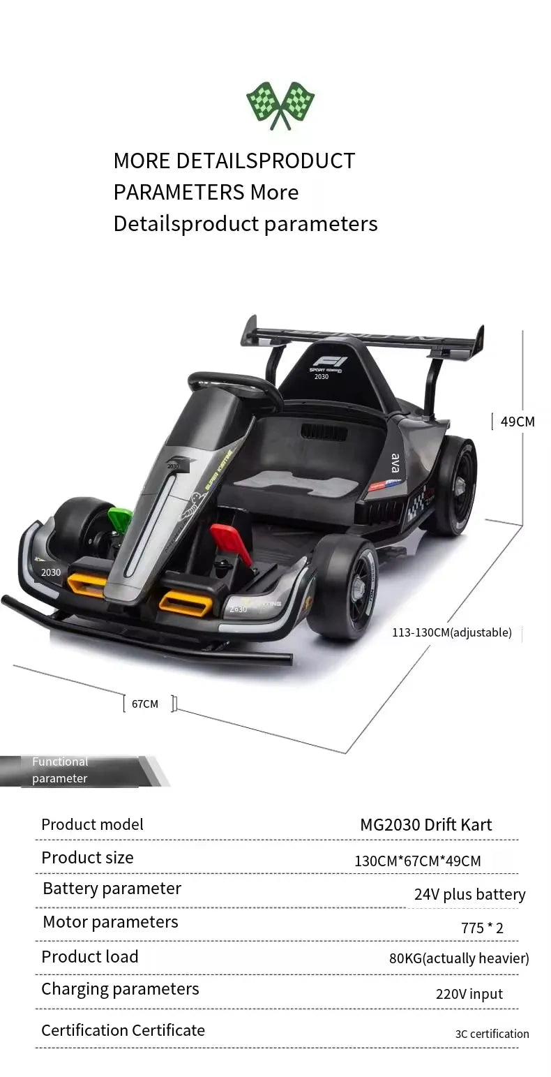 Drift kart with specifications on a white background