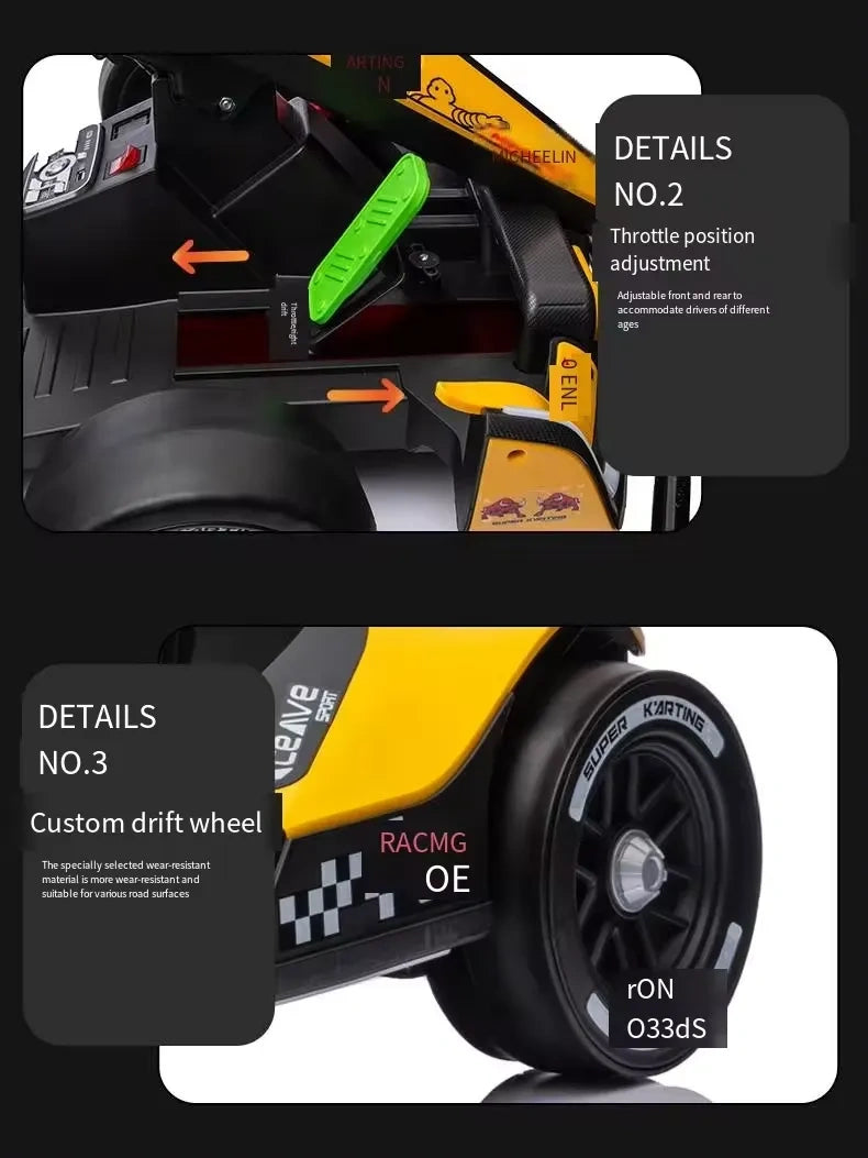Close-up of a yellow and black vehicle with custom drift wheel details