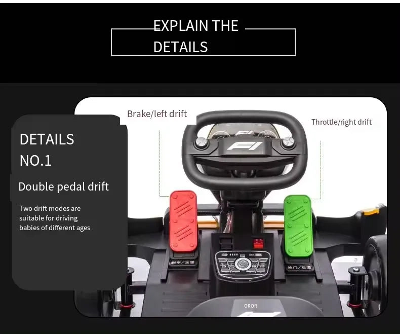 Children's toy steering wheel with pedals and controls on a black background