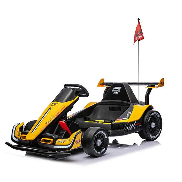 Yellow and black toy racing car with a red flag on a white background