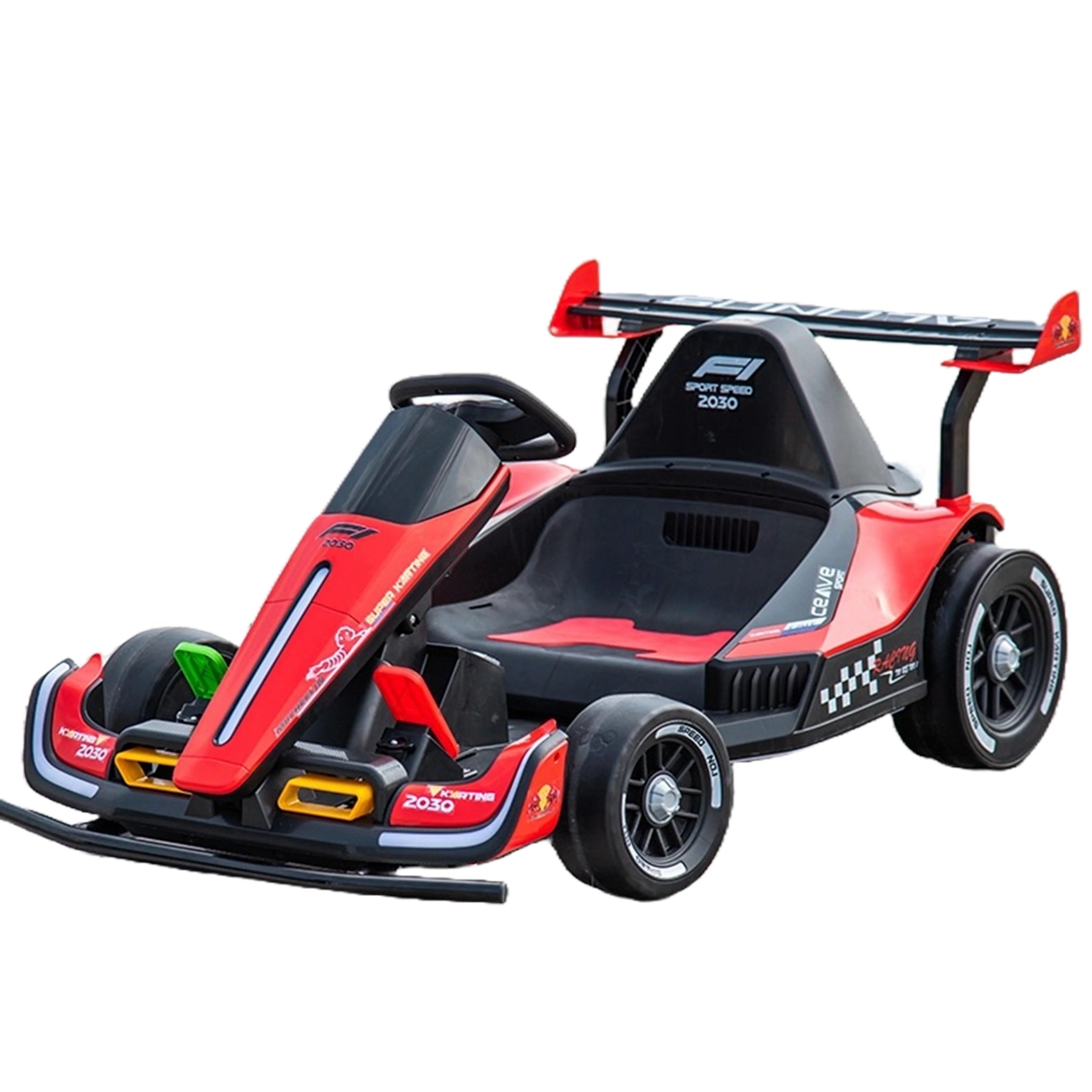 Red and black toy go-kart on a white background