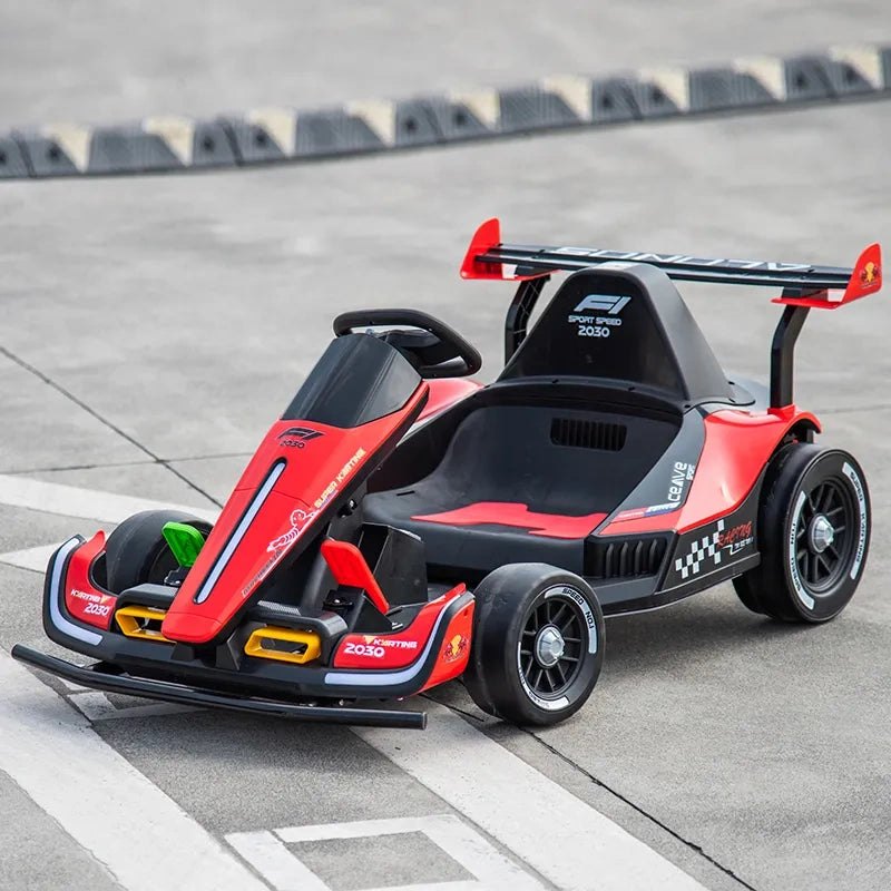 Red and black go-kart on a racetrack