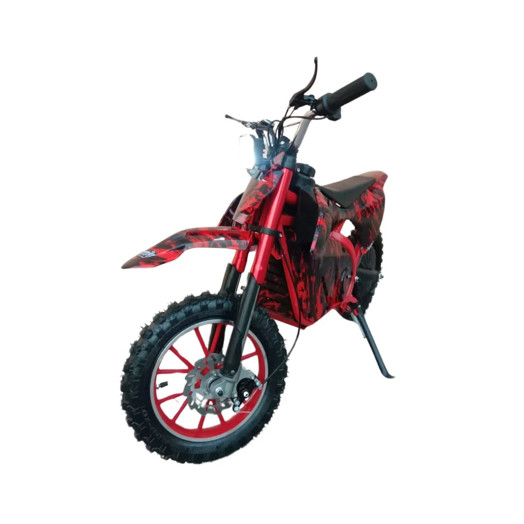 Red and black dirt bike on a white background