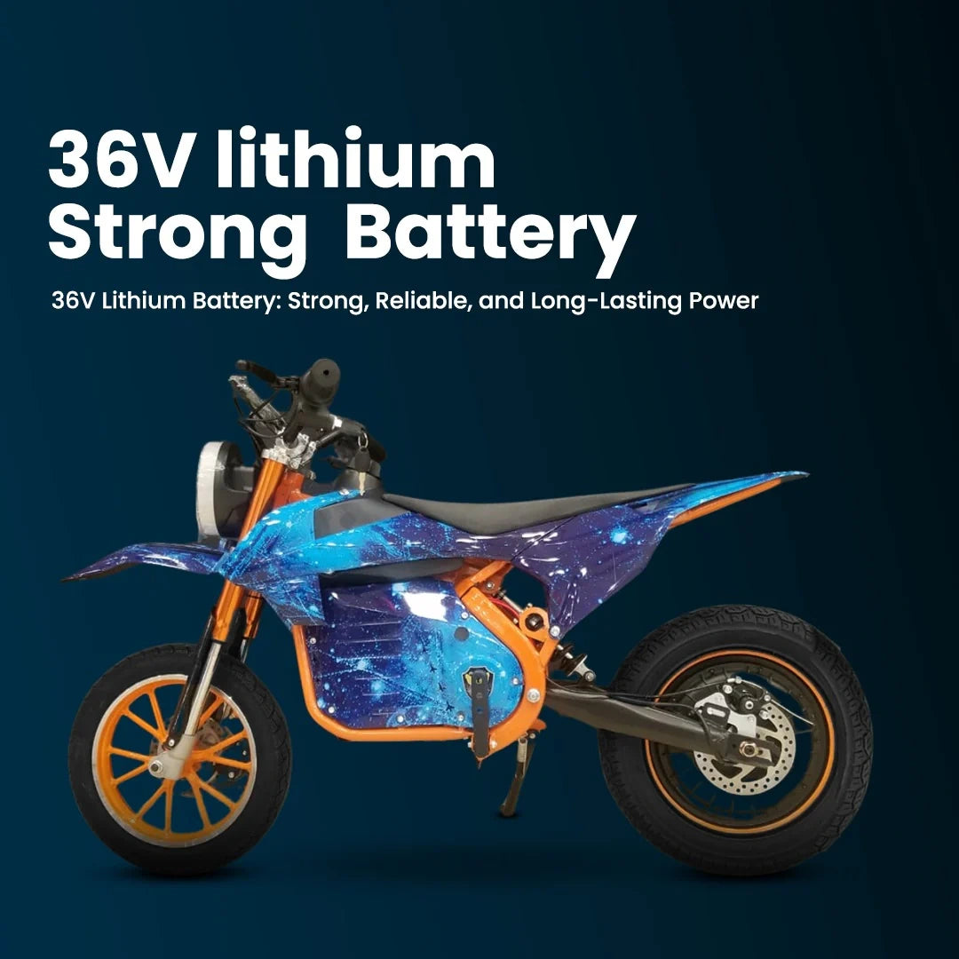 Small electric bike with blue and orange design on a dark background, highlighting '36V lithium strong battery' text.