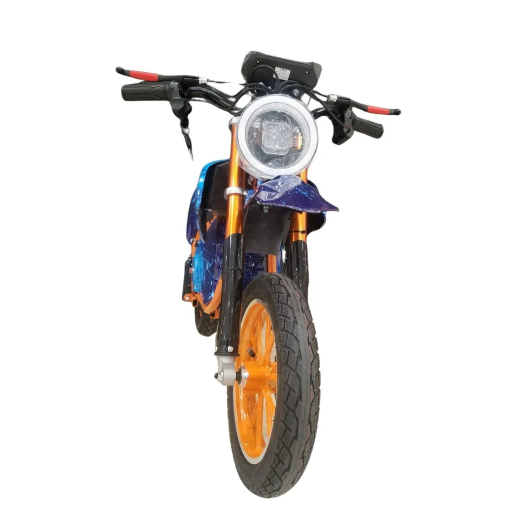 Children's motorcycle with orange wheels on a white background
