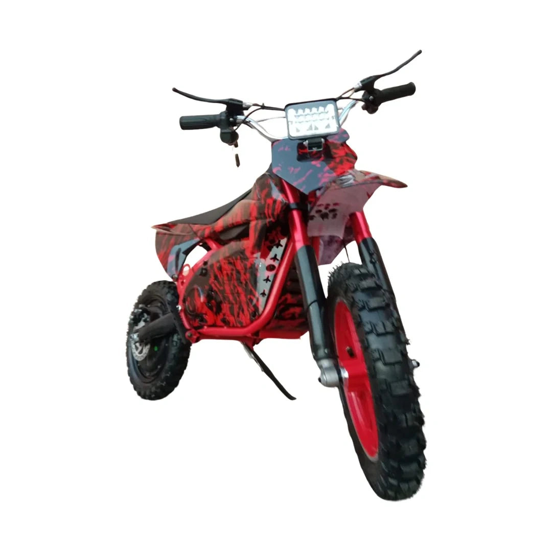 Red and black dirt bike on a white background