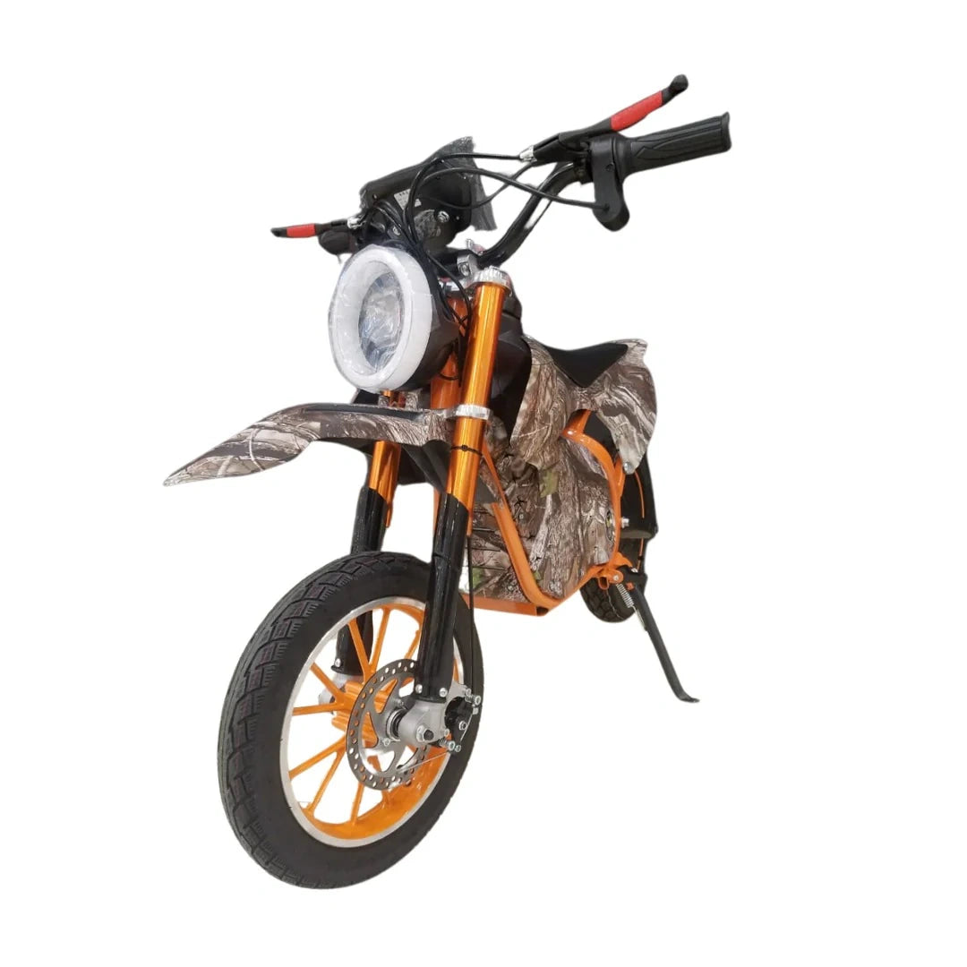 Children's dirt bike with camouflage design and orange accents on a white background