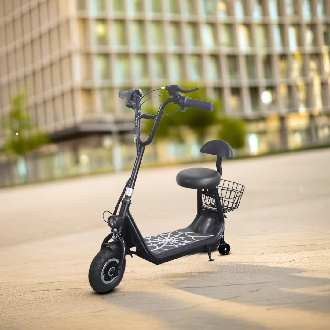 Black electric scooter with a seat and basket on a city street.