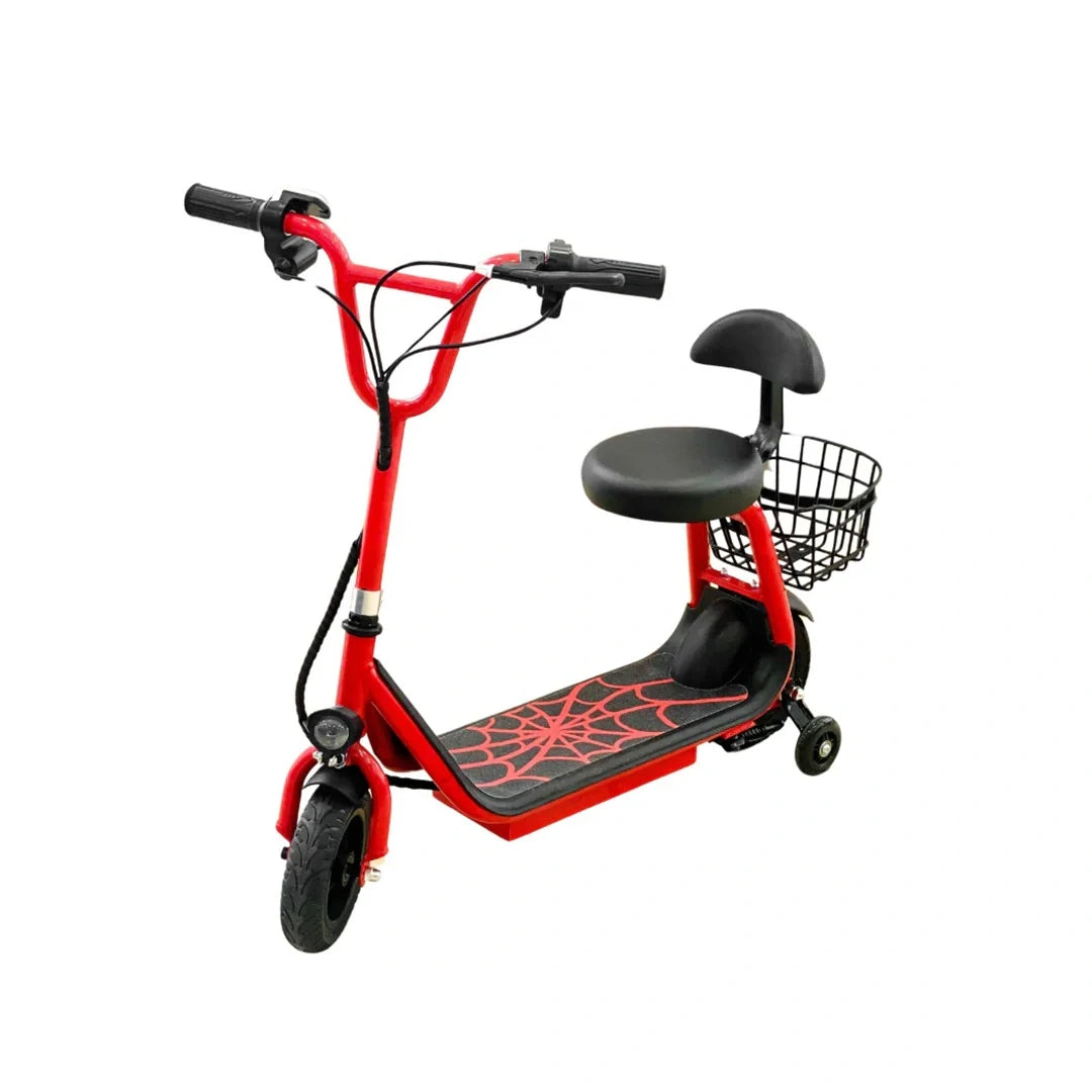Red scooter with a seat and basket on a white background