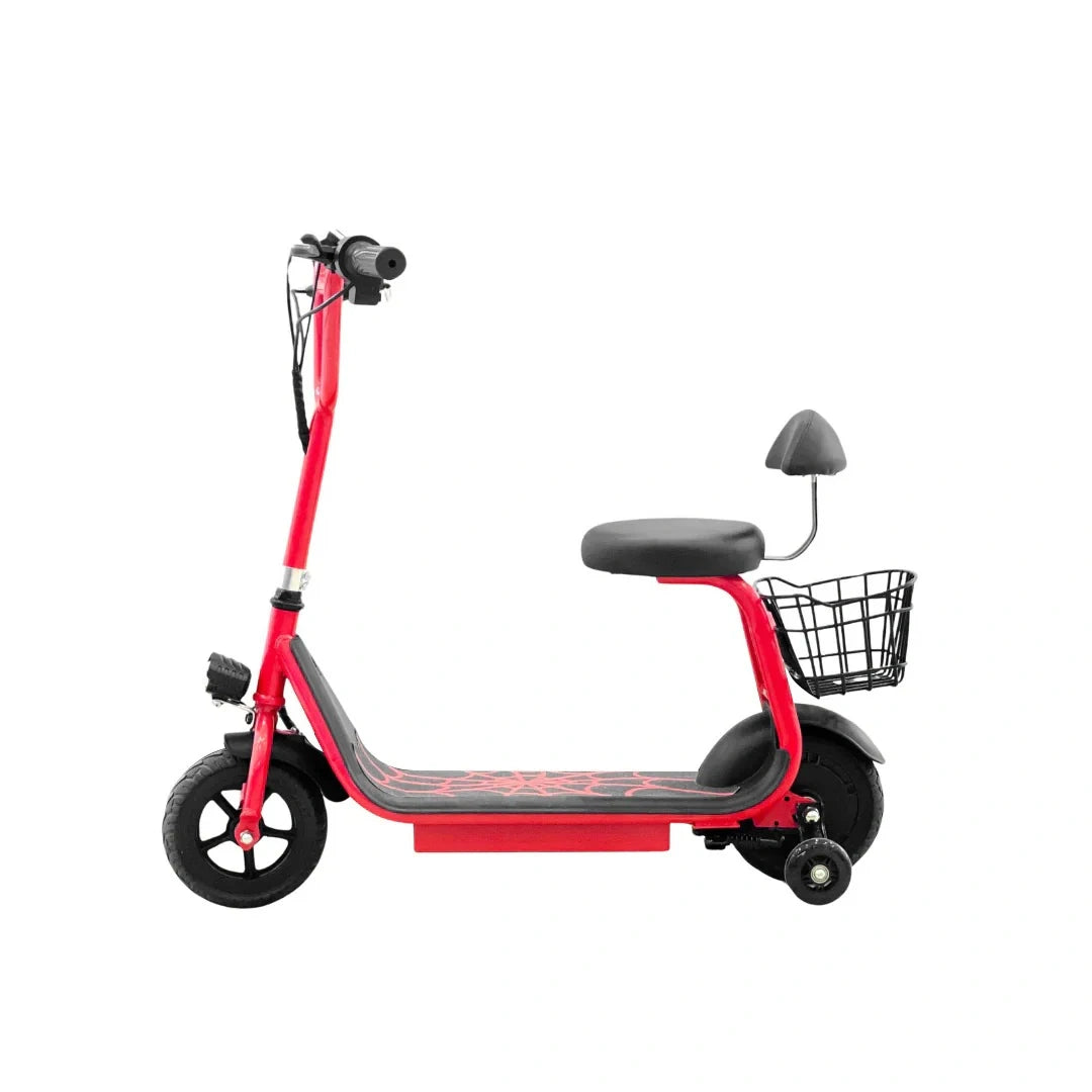 Red electric scooter with a seat and basket on a white background