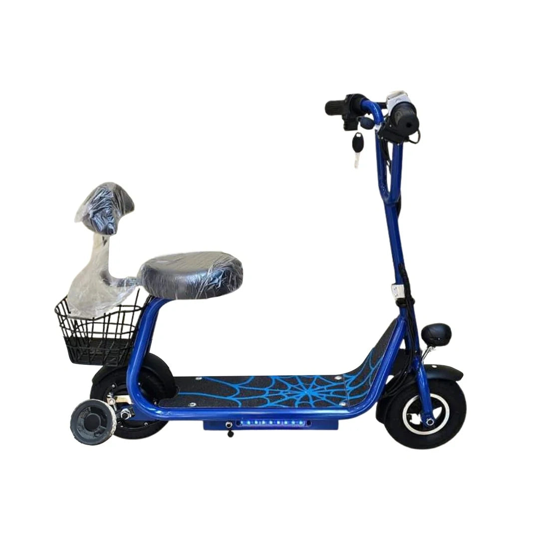 Blue electric scooter with a seat and basket on a white background