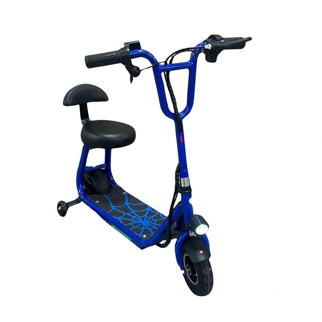 Blue electric scooter with a seat on a white background