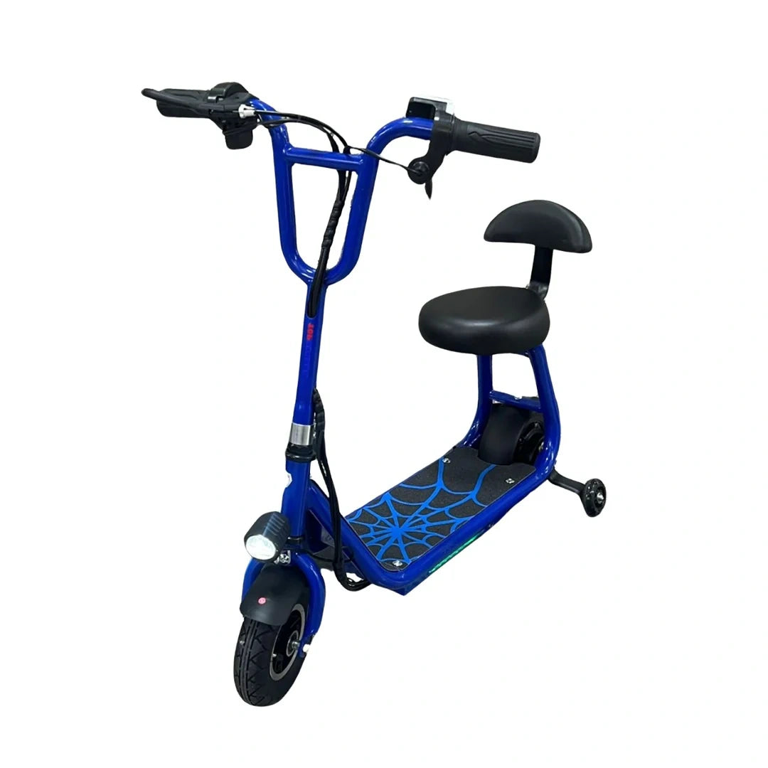 Blue scooter with a seat on a white background