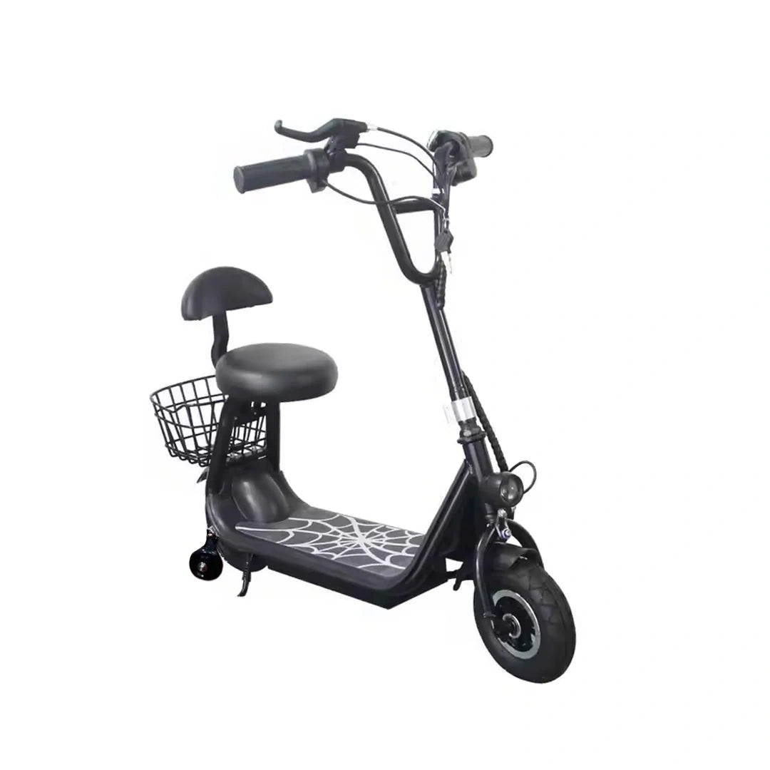Black electric scooter with a seat and basket on a white background