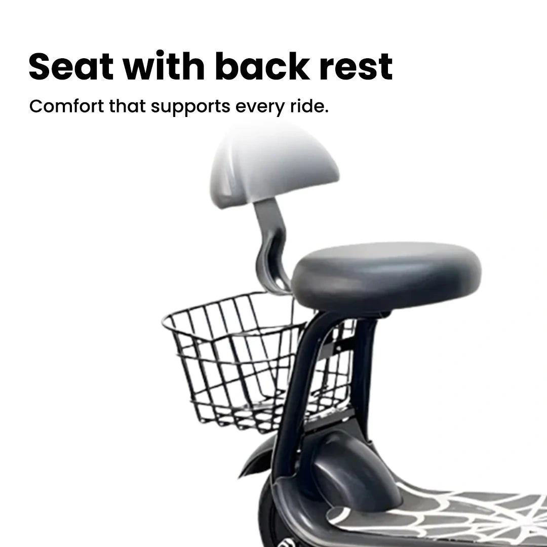 Gray scooter seat with backrest and basket on a white background