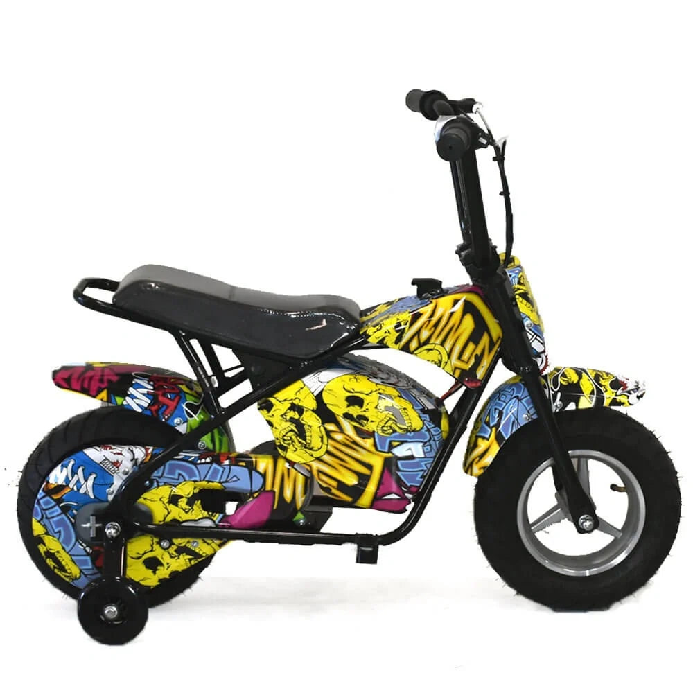 Colorful children's electric bike with graphic design on a white background
