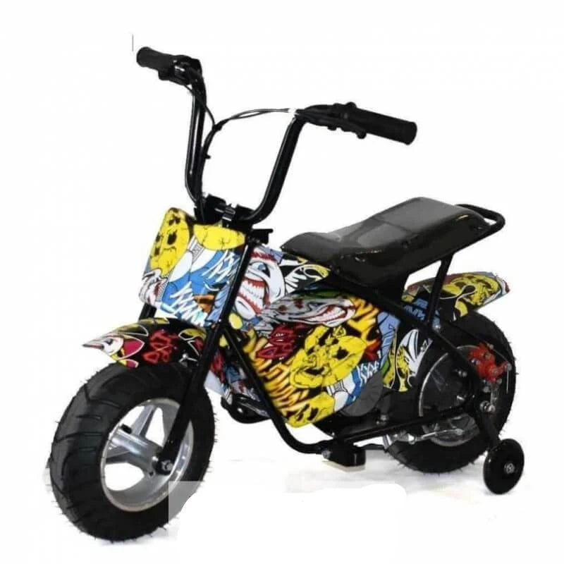Colorful children's bike with cartoon design on a white background