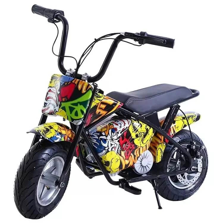 Colorful children's bike with a peace sign design on a white background