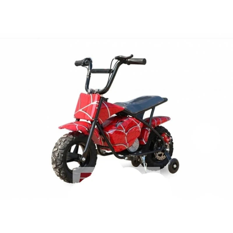 Red and black toy motorcycle with spider web design on a white background