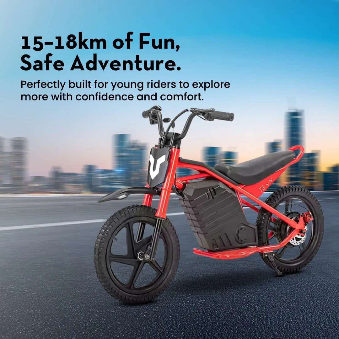 Red children's electric bike on a road with a cityscape background and text about fun and safety.