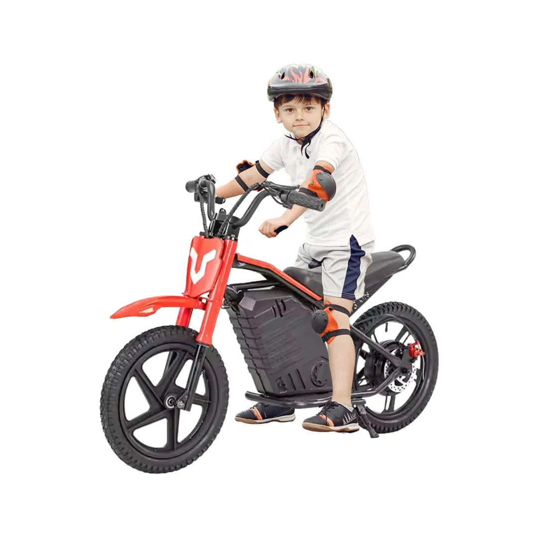 Child riding a red and black electric bike on a white background