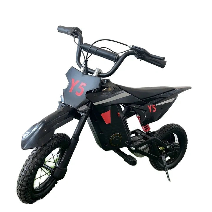 Black children's dirt bike with 'Y5' branding on a white background