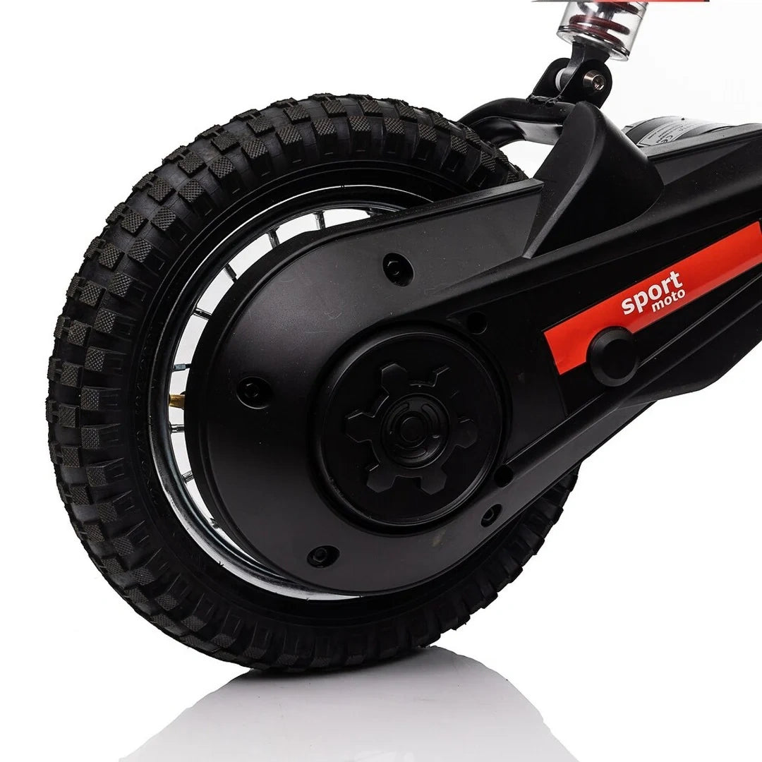 Close-up of a black electric scooter wheel with 'sport mode' branding on a white background