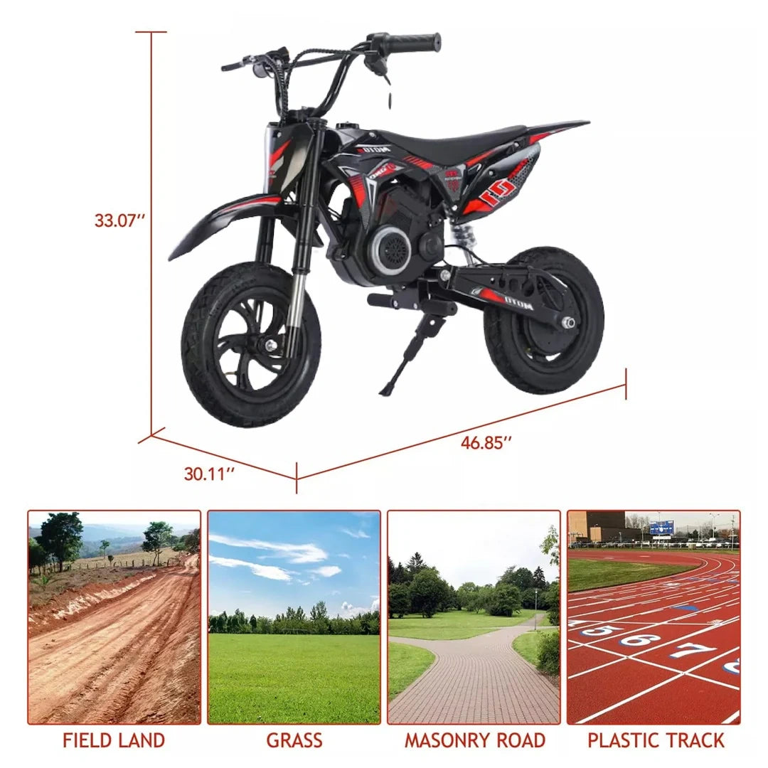 Children's dirt bike with dimensions and usage scenarios on a white background