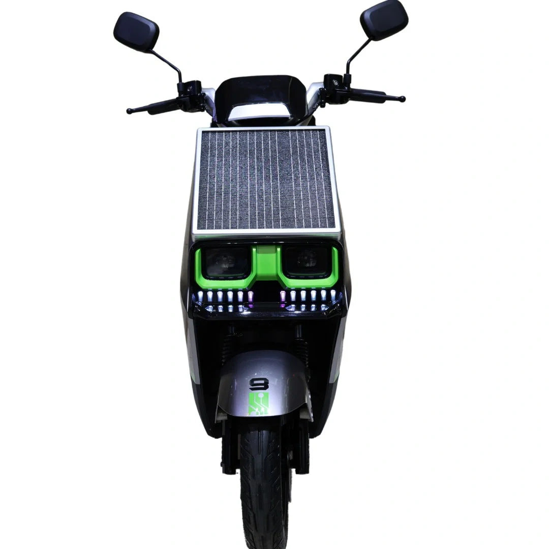 Electric scooter with solar panel on the roof against a white background