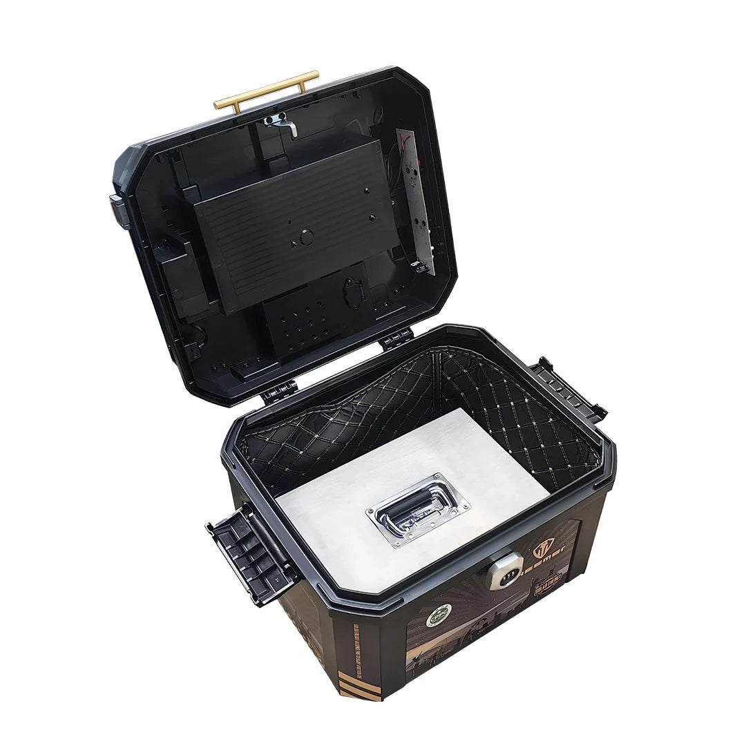 Open black and brown cooler box with a white interior on a white background