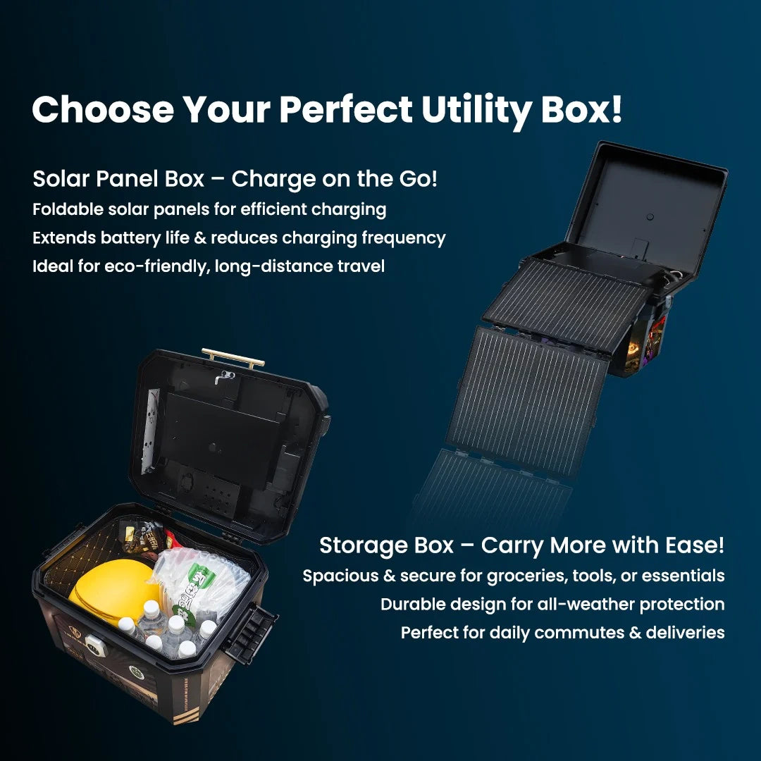 Two utility boxes, one with a solar panel and the other for storage, on a dark blue background.