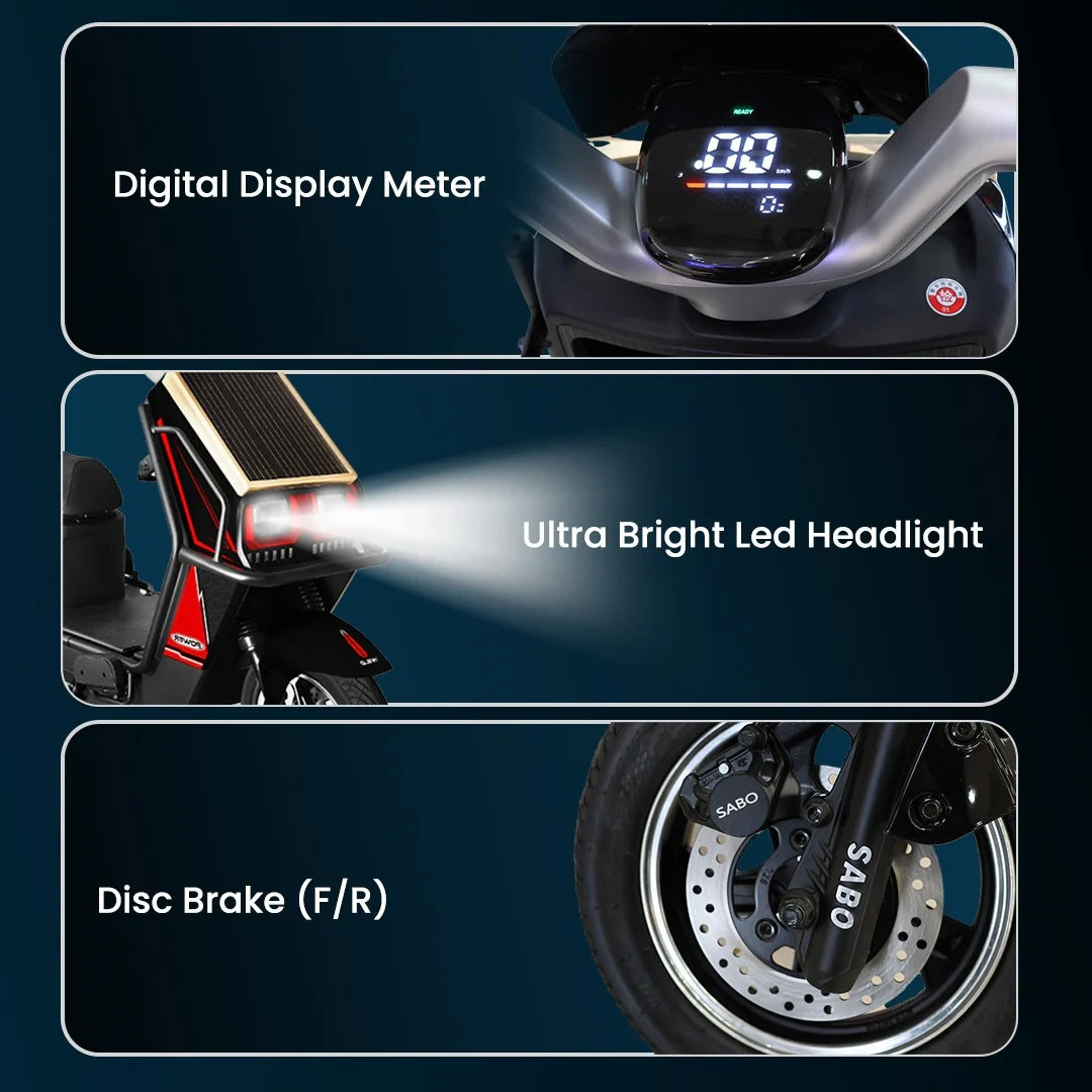 Motorcycle features including digital display meter, ultra bright LED headlight, and disc brake on a dark background.
