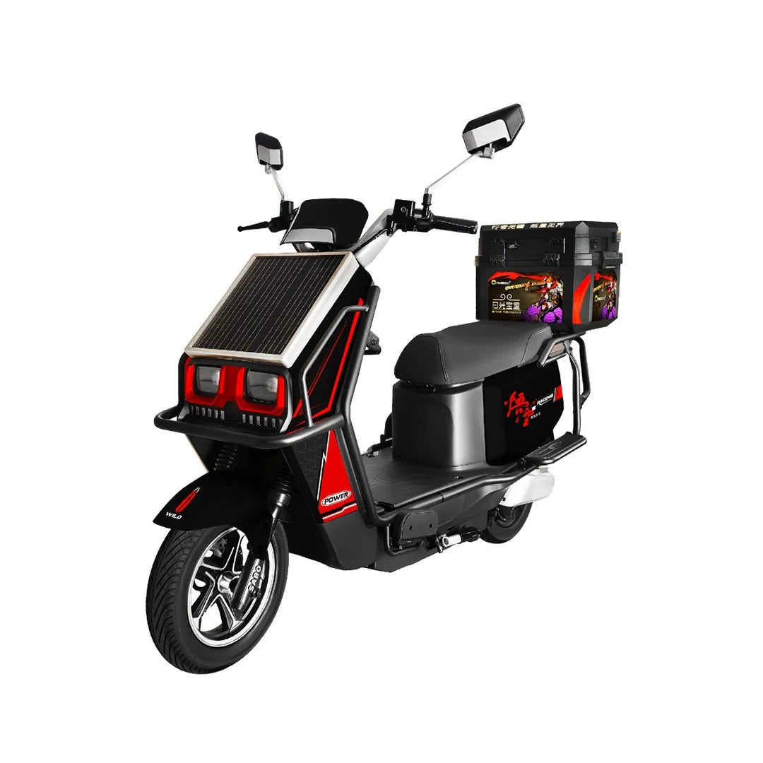 Electric scooter with a solar panel on the front, black seat, and red accents on a white background.